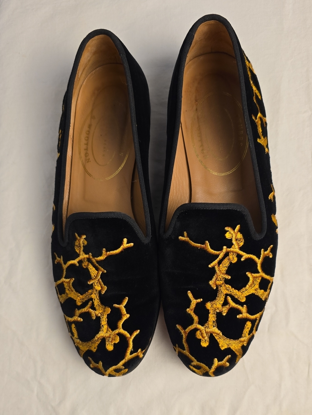 Stubbs & Wootton Size 9 Black Velvet Gold Coral Embroidered Loafers Sz 9